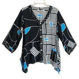 Lyng Lagenlook Art to Wear Asymmetric Top Size S Womens Blue Black Multi Print
